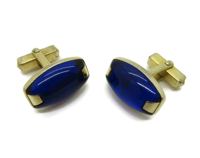 Vintage Men's Cufflinks, Cobalt Blue Cabochons Gold Tone Cuff Links, Men's Suit Accessory