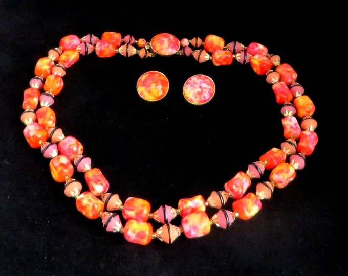 Hong Kong Necklace Earrings Set, Vintage Pink Orange Double Strand Necklace, Button Clip-on Earrings, Demi Parure