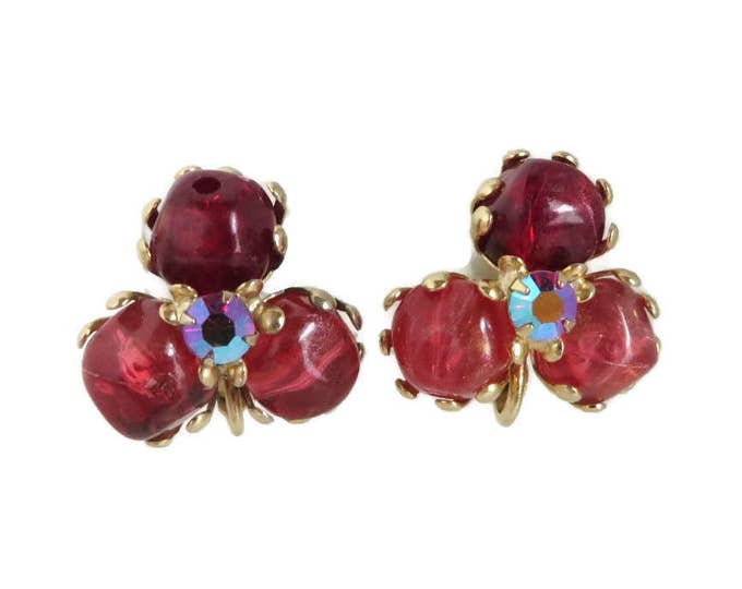 Red Bead and Rhinestone Gold Tone Vintage Clip-on Earrings