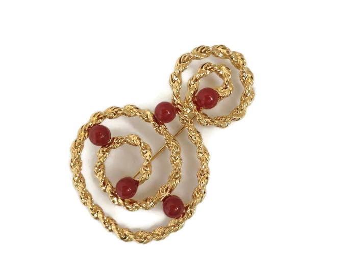 ON SALE! AVON Large Gold Tone Red Bead Brooch, Vintage Spiral Design Pin