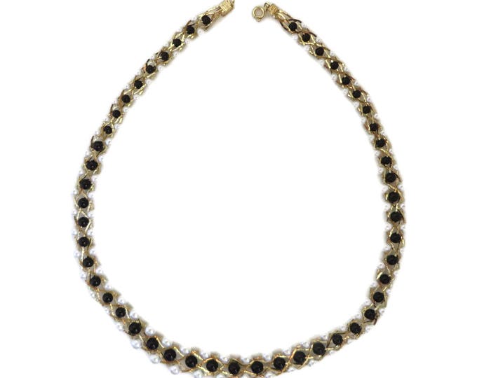 Vintage Faux Pearl Gold Tone Necklace, Black and White Faux Pearl Woven Necklace