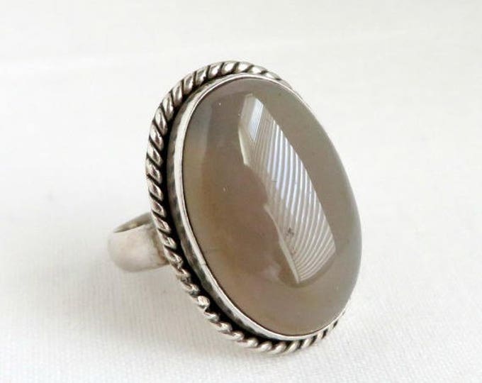 ON SALE! Vintage Oval White Quartz Sterling Silver Braided Edge Ring, Size 6