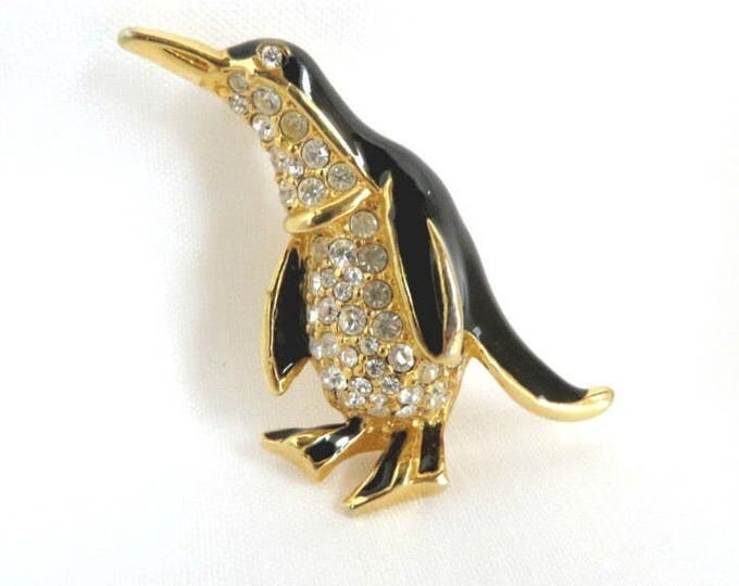 Rhinestone Penguin Brooch, Vintage Black Enamel Rhinestone Penguin Pin