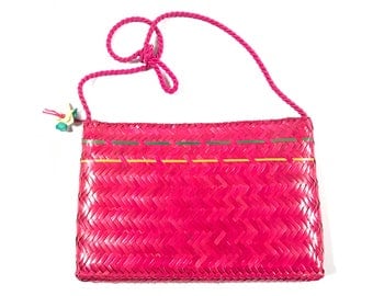 Vintage Wicker Bag. Pink Handbag. Straw Shoulder Bag. Hot Pink Purse. Fuschia Wicker Purse. Wicker Shoulder Bag. Shoulder Bag. Straw Bag