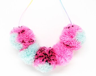 Watermelon pom pom necklace on pastel ombre cord