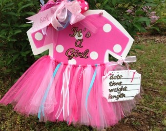 Birth Announcement, Baby Girl Hospital Door Hanger-Wood Tutu Door Hanger-Girl Hospital Door Hanger-Baby Stats Sign-Nursery Decor
