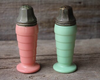 Antique Rose Pink and Jadeite Green Milk Glass Salt and Pepper Shakers