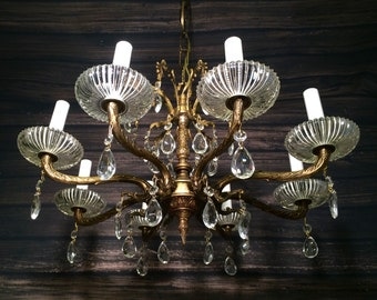 Antique Vintage Brass and Crystal Chandelier Light Fixture 8 Arms Restored