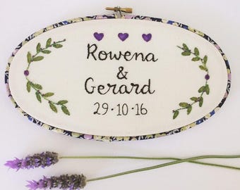 CUSTOM Personalized wedding embroidery hoop art. Hand embroidered wedding gift. Cotton anniversary. Name sign plaque. Personalised marriage