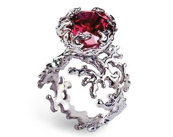 CORAL Ruby Engagement Ring, Statement Ring, Red Ruby Ring, Silver Ruby Engagement Ring, Large Ruby Ring