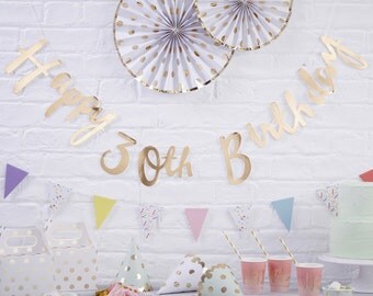 30th Birthday Banner, Gold Happy Birthday Banner, Bunting, 30th Birthday Party Decoration, Modern Print Banner