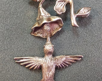 Articulated Sterling Silver Hummingbird and Flower Brooch-Free Shipping