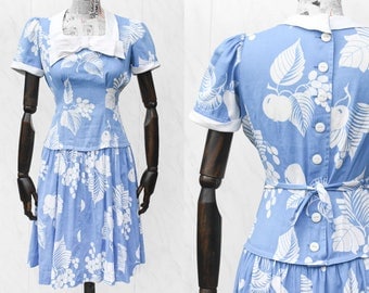 1940s Dress • Junior Fashions by Carole King • Fruit Print Kawaii Dress • Blue Drop Waist Vintage Summer Dress • Button Down Sailor Dress. S