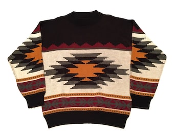 Vintage Aztec Crew Sweater Medium Bonjour International Black USA Made