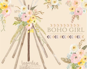 Teepee, Tipi and floral Watercolor clipart, PNG, wedding, bouquet, arrangement, digital art, pink flowers, bridal shower, for blog banner