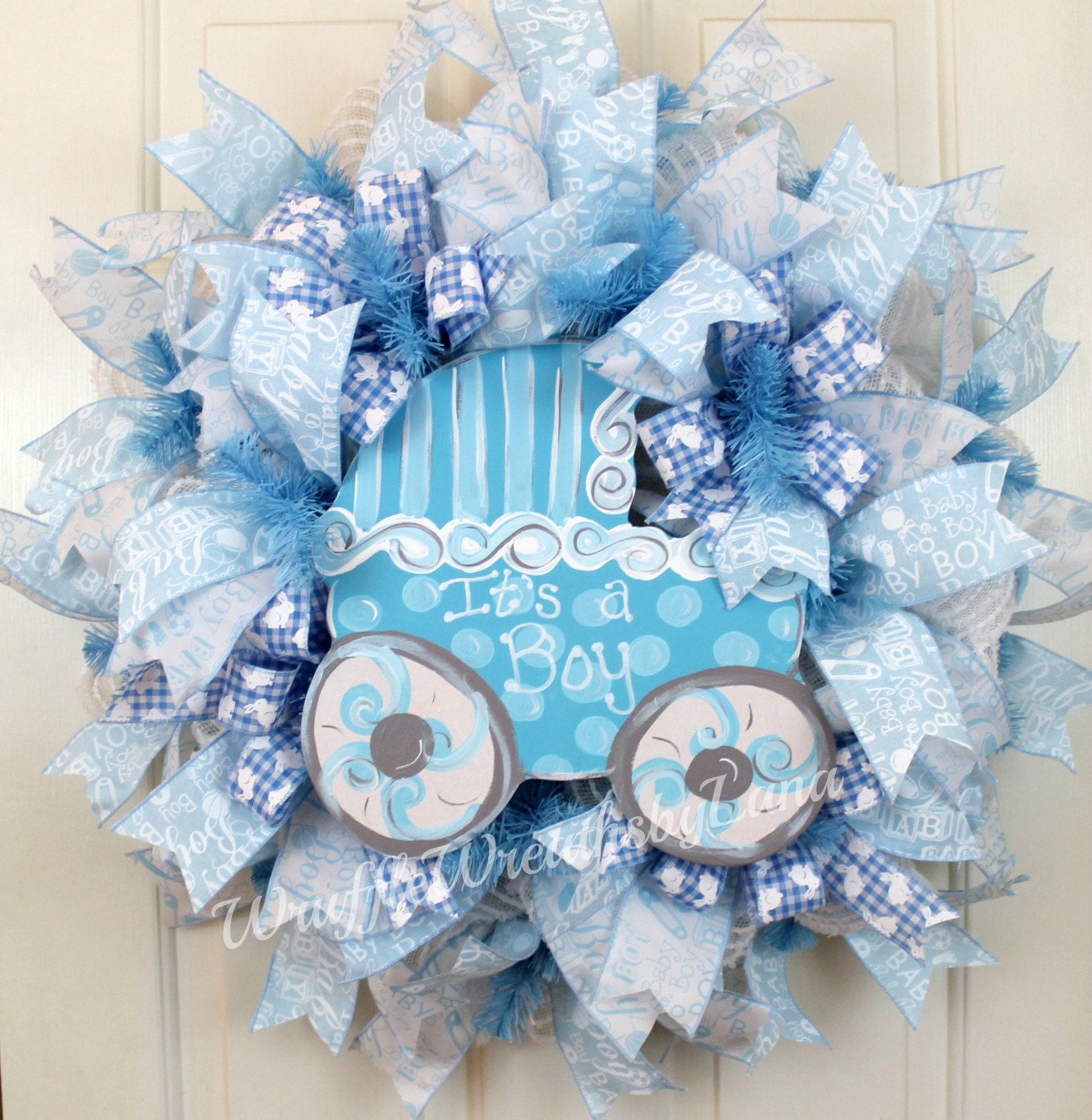 Baby Boy Deco Mesh Wreath Baby Boy Wreath Baby Carriage