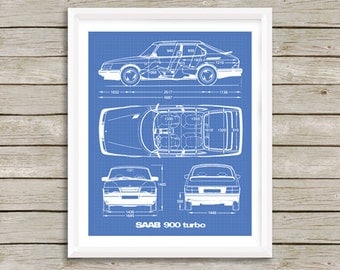 Saab 900 Turbo Blueprint, Saab Decor, Blue print Art, Instant Download, Saab 900 T, Blueprint art, Saab Decor, Saab 900, 8x10, 11x14"