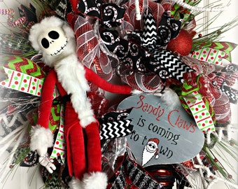 Nightmare Before Christmas Wreath, Jack Skellington Wreath, Sandy Claws Wreath, Black and Red Christmas Wreath, Sandy Claws Coming to Town