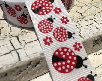9 yards 7/8" Red white polka dot lady bugs on white see below