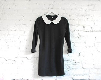 Vintage 90s Wednesday Addams Dress // White Collared Black Mini Dress // Black Goth Collared Mini Dress // 90s Gothic Long Sleeve Dress S
