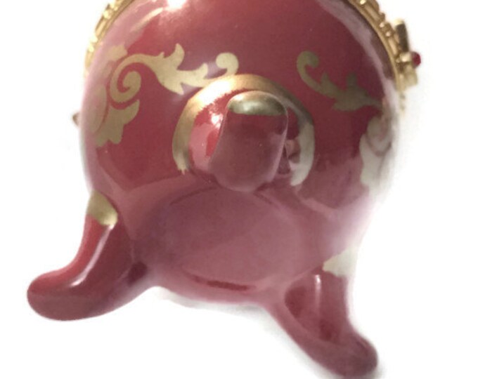 Faberge Style Egg with Watch - Red and Gold Three Footed Porcelain Egg with a Watch Hidding Inside,