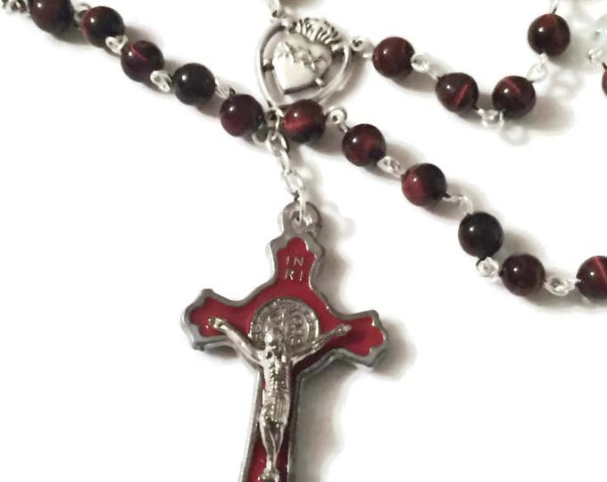 Necklace Red Tigers Eye & Enameled Crucifix // Rosary Inspired Necklace // Mutistrand Necklace // St. Benedict Cross Necklaces Women Mom