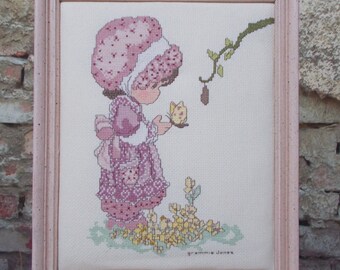 Precious Moments Finished Cross Stitch Girl In Bonnet Picture Pink Completed Wood Frame Country Decor
