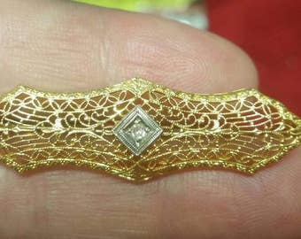 14k yellow gold art deco filigree pin