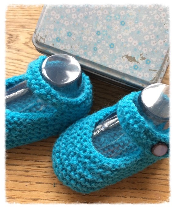 Blue hand knitted baby booties handmade crib shoes boy
