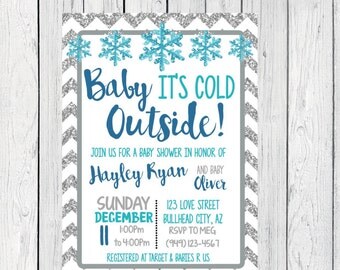 Baby It's Cold Outside Baby Shower Invite-Silver Glitter***Digital File*** (Baby-ColdSilver)