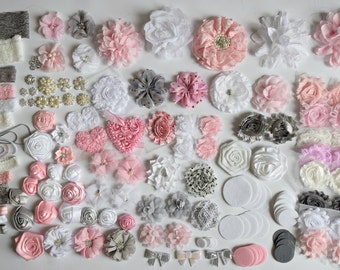 DIY light pink, grey, and white headband kit, headband kit, baby headband kit, Headband Flower kit,Wholesale headband kit