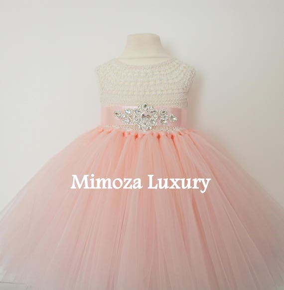 Blush Flower girl dress, blush peach tutu dress princess dress, blush wedding tulle dress, hand knit tutu dress in blush peach pale peach