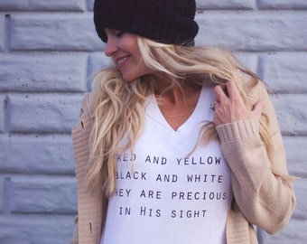 Christian T Shirts - Jesus Loves The Little Children - Faith Shirts - V-Neck T-Shirt - Womens Graphic Tee