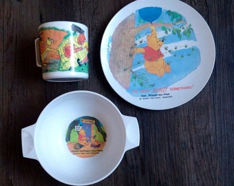 Child's Melamine Dinner Set. Winnie The Pooh Cup Bowl & Plate. 1965.