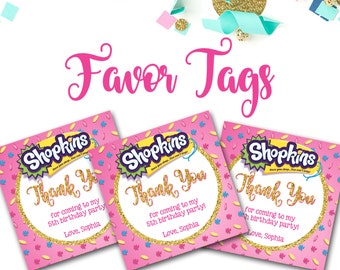Shopkins Favor Tags, Shopkins, Shopkins Party Decor, Favor Tags, Shopkins Thank You tags, 3x3 Favor Tags, Pink and Gold, Shopkins Party