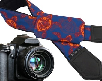 Pocket camera strap with turtles. Blue and orange stylized fashion camera strap. Neck camera straps for every budget by InTePro