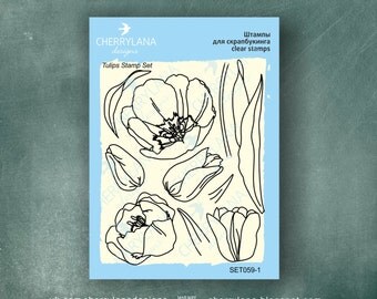 Tulips Set of Stamps 4x6" Clear Photopolymer, Clear Stamps, Clear Rubber Stamps, Stamp Set, Flower Stamps