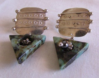 Unique Sterling Silver Post Earrings with Green Triangle Dangle