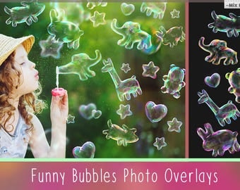Bubbles Photoshop Overlays, Animals shaped Soap Bubbles Overlay, Realistic Soap bubble Photo effect, digital bacdrop