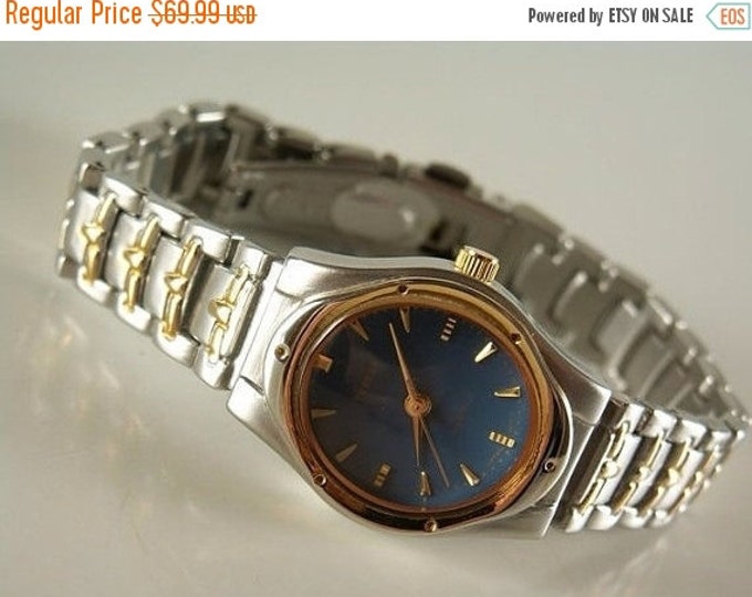 Storewide 25% Off SALE Vintage Ladies Bijoux Terner Designer Signed Silver & Gold Two Tone Watch Featuring Deep Blue Circular Face