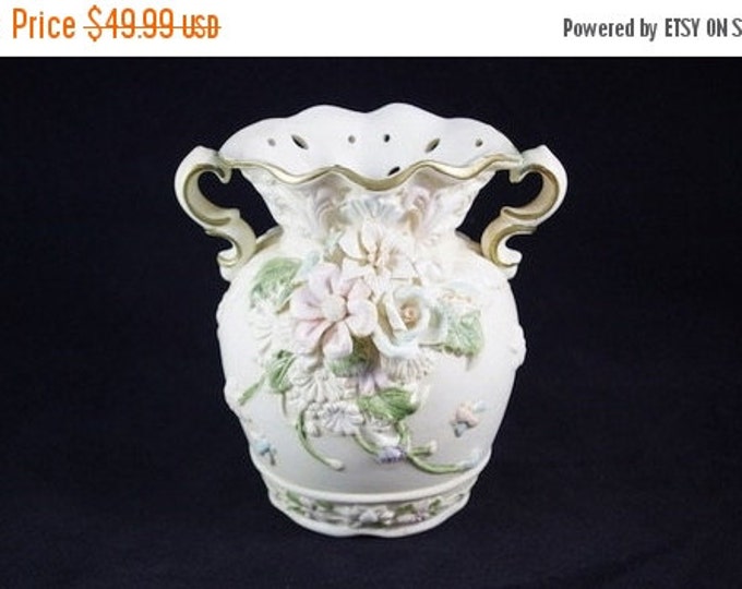 Storewide 25% Off SALE Vintage Ceramic Cream Planter Vase with Openwork Design & Double Handles Featuring a Raised Rose and Daisy Floral Des