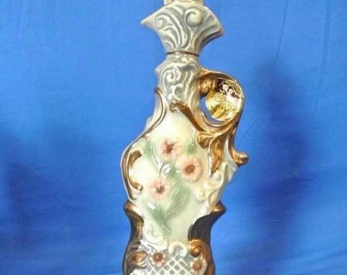 Storewide 25% Off SALE Vintage Original Jim Beam Liquor Decanter Featuring Cream Colored Vase Design With Floral Embellishments And Small Ha