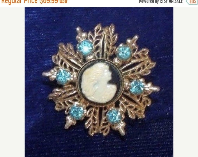 Storewide 25% Off SALE Vintage Gold Tone Filigree Rosette Cameo Designer Brooch Featuring Faux Victorian Style Turquoise Accent Stones