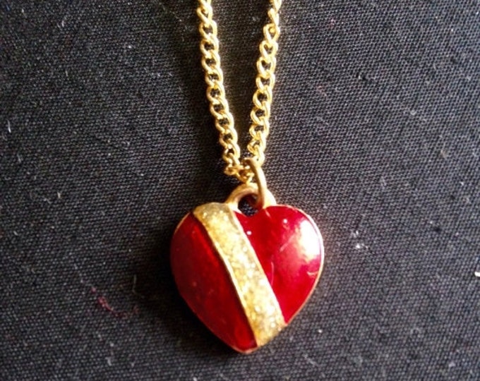 Storewide 25% Off SALE Vintage Ruby Red Enamel Heart Shaped Royal Designer Signed Pendant With Gold Tone Chain Featuring Cross Patterned Des