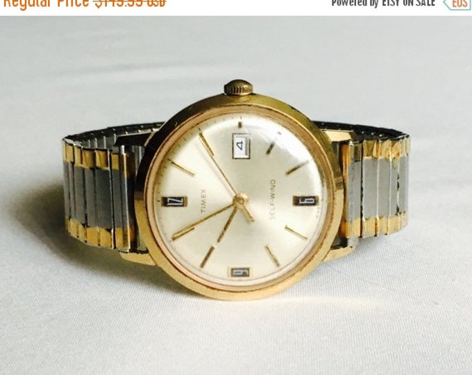 Storewide 25% Off SALE Vintage Mechanical Gold & Silver Two Tone Timex Wristwatch Featuring Date Marking Design With Adjustable Band