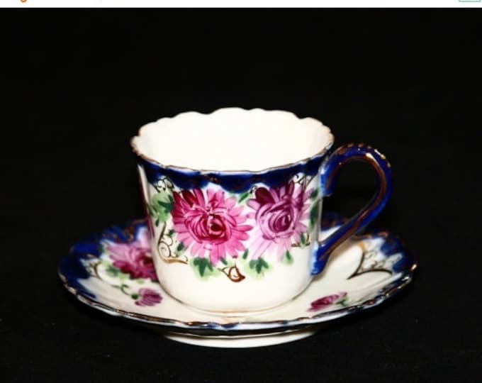 Storewide 25% Off SALE Vintage Royal Blue And Pink Floral Designed Fine Porcelain Teacup & Matching Saucer Featuring Hand Painted Floral Des