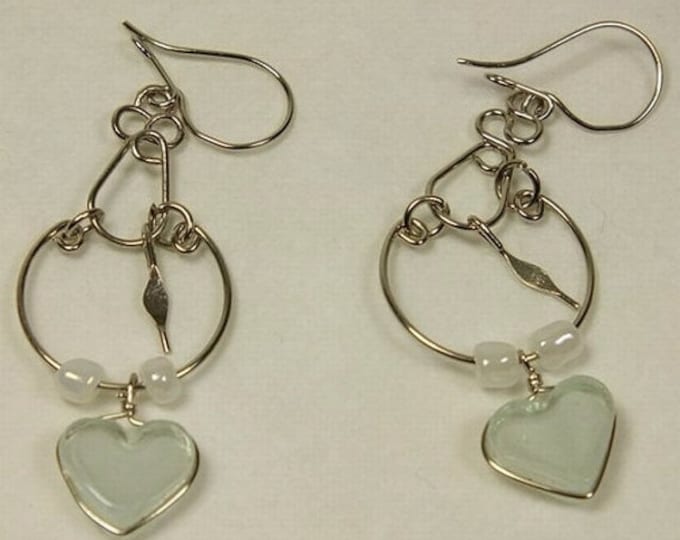 Storewide 25% Off SALE Beautiful & Delicate silvertone wire chandelier earrings with white glass heart shaped dangling bead.