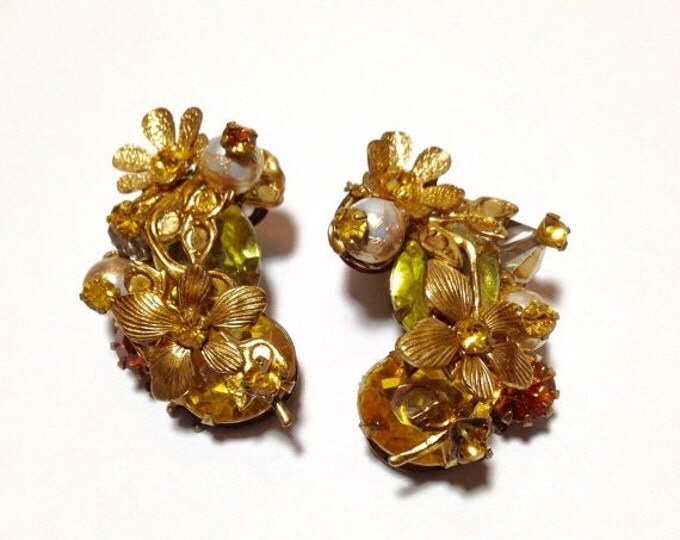 Storewide 25% Off SALE Vintage Gold Tone Floral Stem Layered Designer Earrings Featuring Rhinestone Accents & Heavy Detail Design