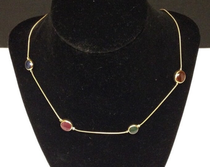Storewide 25% Off SALE Vintage Gold Tone Multi Colored Stone Puck Pendant Designer Necklace Featuring Deep Green, Purple & Blue Round Accent