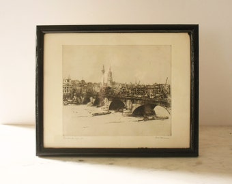 Artist-Signed Original Intaglio Print of London Ships in Black Wood Frame